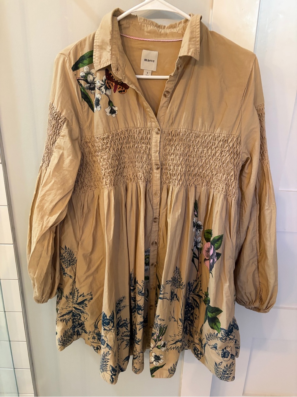 Maeve Tan Floral Smocked Button-Front Women's Dress